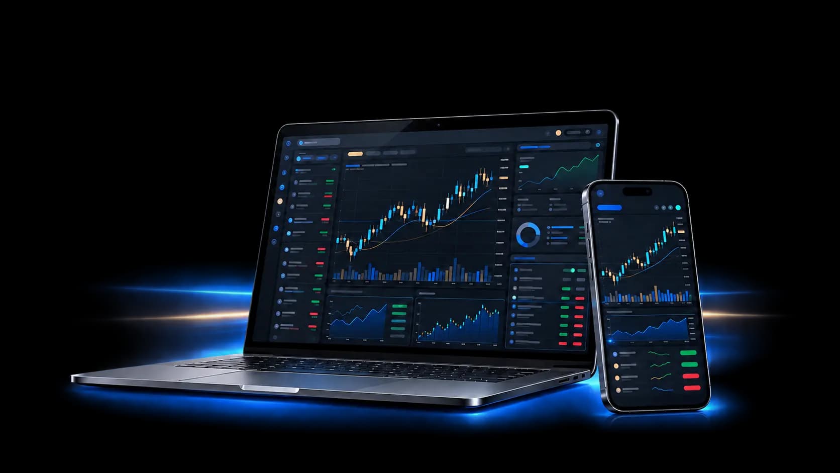 Market Rocks trading workspace shown on laptop and mobile